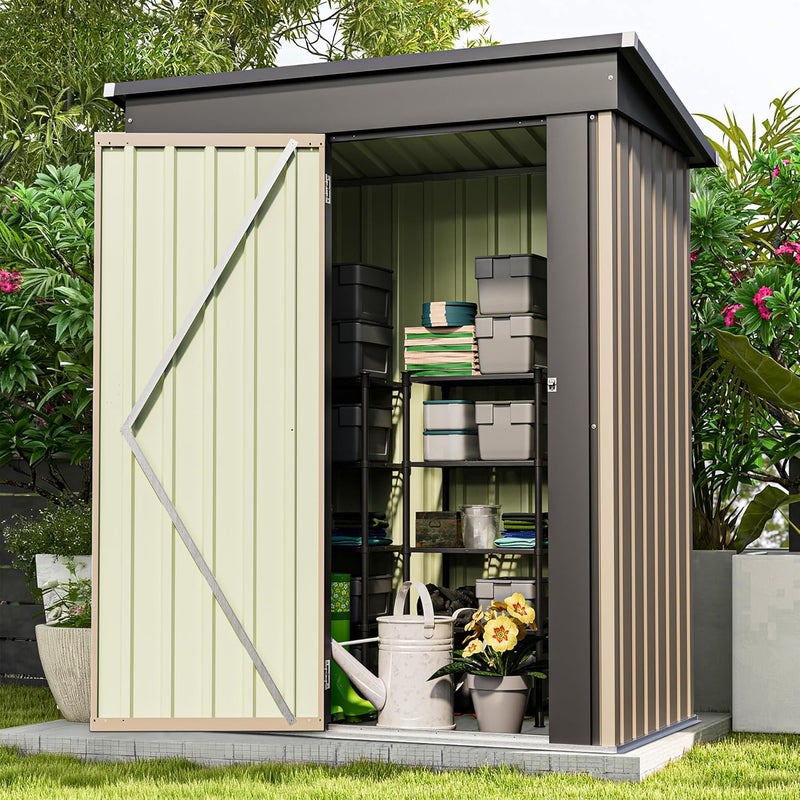 Patiowell 5x3 FT Outdoor Storage Shed, Tool Shed with Sloping Roof and Lockable Door, Metal Shed for Backyard Garden Patio Lawn, Brown - Image 3